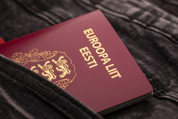 Close up of Estonian Passport in Pocket.