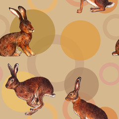 Pattern with hares. Watercolor illustration. Fashionable seamless pattern with wild hares on a sand background. Enlarged illustration. Illustration for printing on dresses, fabrics, tablecloths.