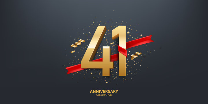 41st Year anniversary celebration background. 3D Golden number wrapped with red ribbon and confetti on black background.