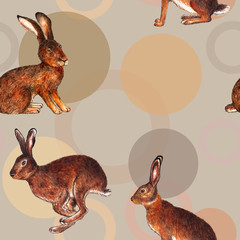 Pattern with hares. Watercolor illustration. Fashionable seamless pattern with wild hares on a gray background. Enlarged illustration. Illustration for printing on dresses, fabrics, tablecloths.