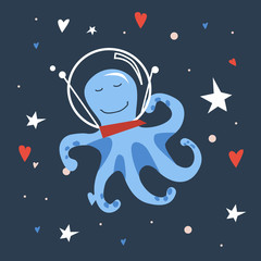 Fototapeta premium Vector handdrawn cute illustration of octipus in the space helmet on the starry sky. Concept for kids design, cute cartoon character for children room poster. Funny sea creature in space as cosmonaut