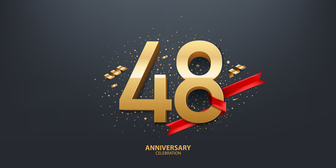 48th Year anniversary celebration background. 3D Golden number wrapped with red ribbon and confetti on black background.