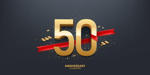 50th Year anniversary celebration background. 3D Golden number wrapped with red ribbon and confetti on black background. - obrazy, fototapety, plakaty