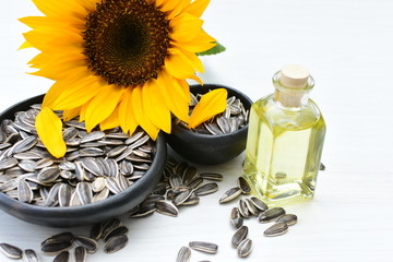Helianthus annuus: Fresh sunflower seeds, with sunflower flower petals and oil