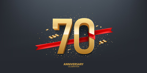 70th Year anniversary celebration background. 3D Golden number wrapped with red ribbon and confetti on black background. - obrazy, fototapety, plakaty