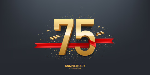 75th Year anniversary celebration background. 3D Golden number wrapped with red ribbon and confetti on black background.