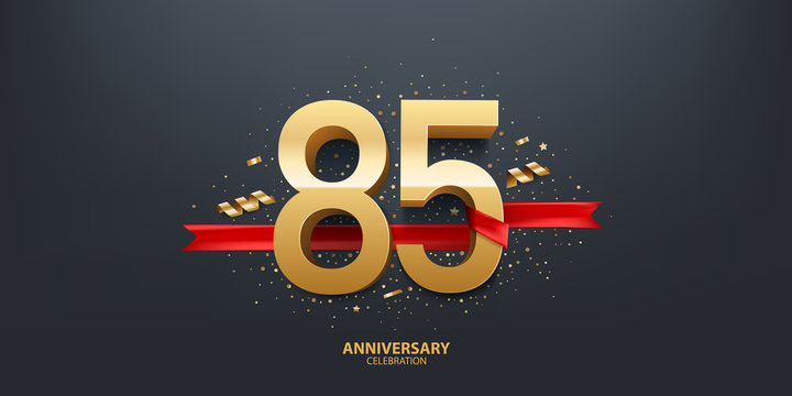 85th Year anniversary celebration background. 3D Golden number wrapped with red ribbon and confetti on black background.