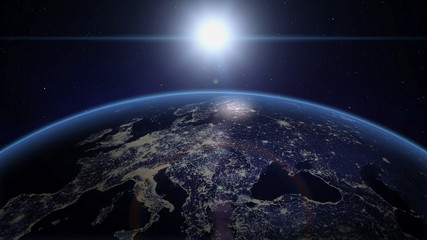 world sun raising over space 3d illustration