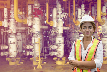 mixed race woman engineer staff worker and offshore rig background concept.