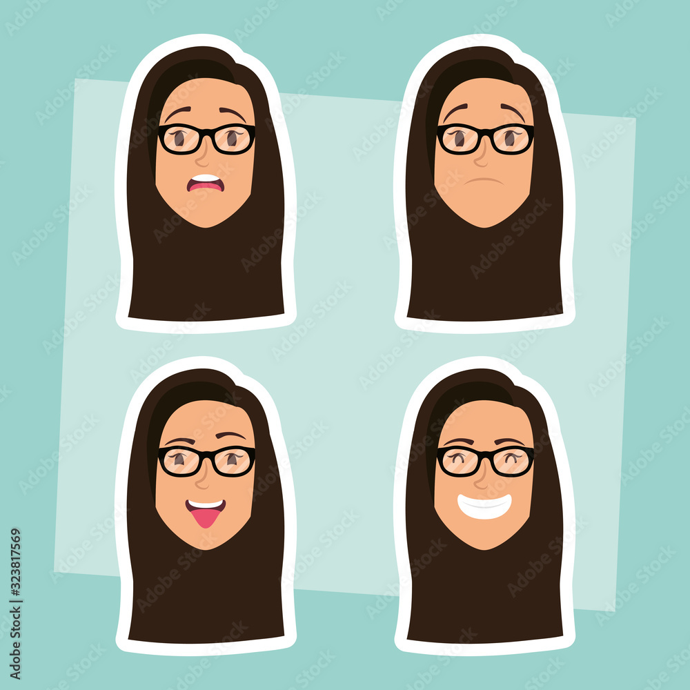 Sticker group of women with eyeglasses heads and expressions