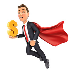 3d businessman flying and holding gold dollar sign