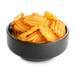 Bowl with tasty potato chips on white background