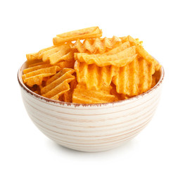 Bowl with tasty potato chips on white background