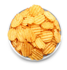 Plate with tasty potato chips on white background