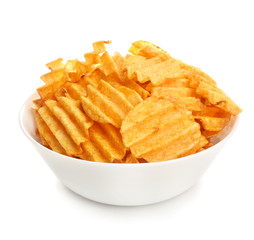 Bowl with tasty potato chips on white background