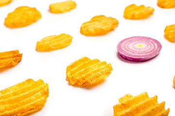 Tasty potato chips on white background