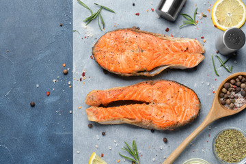Composition with fried salmon on table