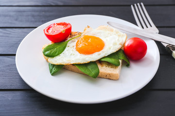 Tasty fried egg with toasted bread and tomatoes on plate