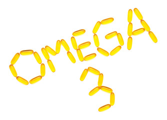 Text OMEGA 3 made of pills on white background