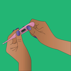 An African American lady is holding an electronic thermometer in her hands. Measure the temperature. Vector. Result 36.6. Isolated green background. Dark skin. Cartoon. Medical. Woman, thermometer. 