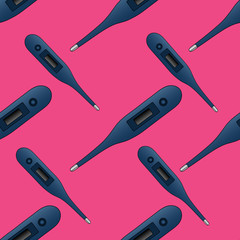 The thermometer is electronic. Endlessly repeating ornament. Seamless vector pattern. The device is blue on an isolated pink background. Medical topics. Idea for wallpaper, cover, packaging, textile.