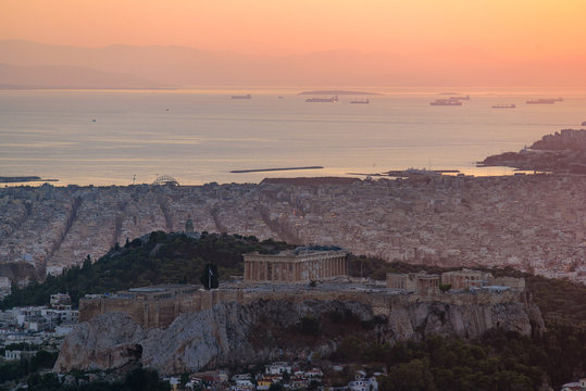 Panoramic view of Athens city from Lykavittos Hill at sunset time © momo11353