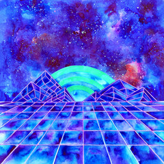 Retro futuristic landscape with laser grid terrain/ Abstract sci-fi background/ For Retro wave music album cover, poster, flyer/ Hand drawn watercolor illustration
