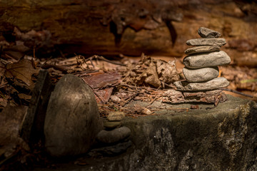 Small Cairns on stone ledge in Watkins Glen State Park in Upstate NY in Schuyler County.