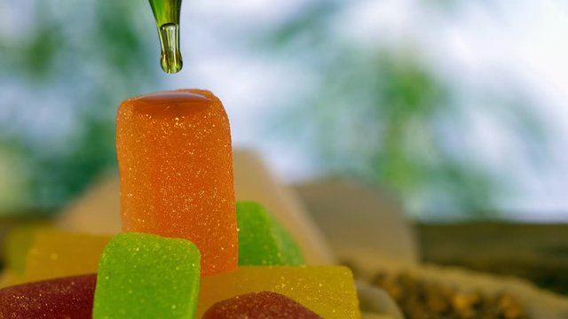 SBD oil dripping on sweets sweets, cannabis seeds, background growing cannabis