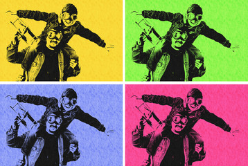 Dad and son wearing pilot glasses imitate pilots, holding a plane in their hands. Pop art style