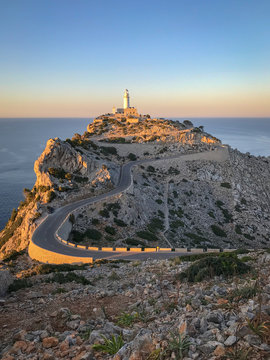 Lighthouse of Cap de Formentor Majorca (Mallorca) Spain around sunset.