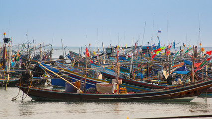 Fototapeta na wymiar Fishing boat parked at the local Pratom Village in Ko Samui, Thailand