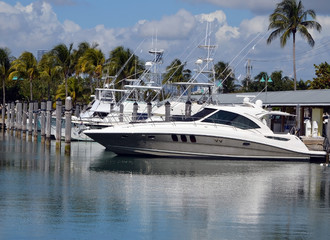 High-end cabin cruiser and charter fishing boats docked at a marina on Key Biscayne,Forida