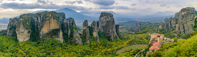 Panorama of the landscape of monastery and rock formation in Meteora, Greece