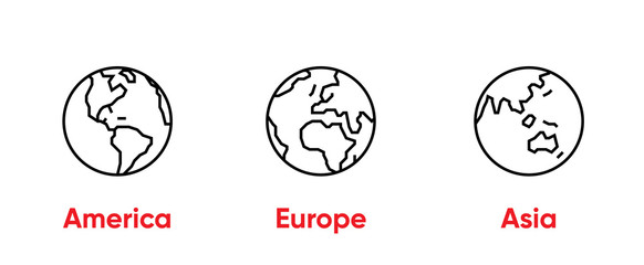 Fototapeta Globe of America, Europe, Asia Thin Line Editable Stroke icons. Vector Template. obraz