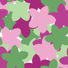 Simple flower silhouette layers seamless vector pattern in pink green and fuchsia. Five Petal flowers overlapping in fun layers.
