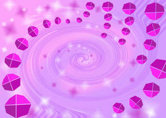 Beads from cubes fall into the funnel. Abstract pink and lilac background, illustration of a starry sky with a milky way funnel