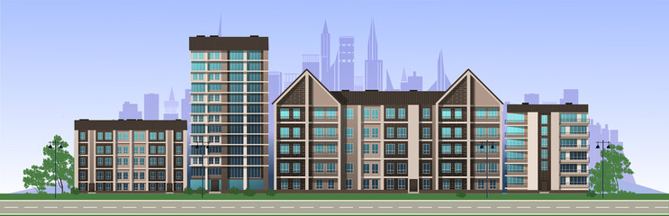 City in the afternoon. Residential buildings, cafes, school. Vector. - 323825904