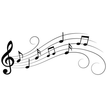 Music notes on stave, decorated with swirls, vector illustration.