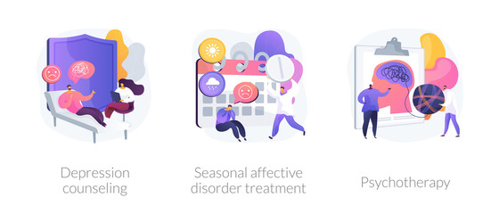 Psychology and psychiatry, mental disorder therapy. Depression counseling, seasonal affective disorder treatment, psychotherapy metaphors. Vector isolated concept metaphor illustrations.