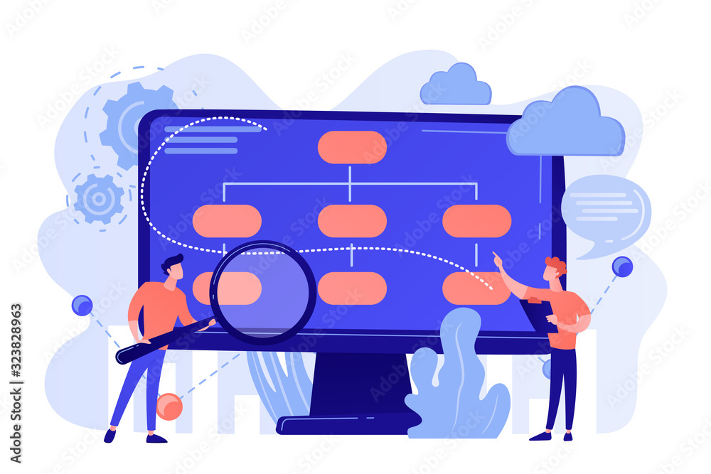 Poster tiny people analyst and data scientist working with data. data driven business model, comprehensive 
