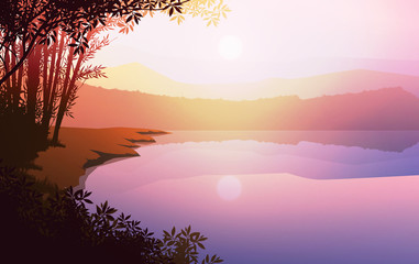 Mountains lake landscape silhouette tree  horizon Landscape wallpaper Sunrise and sunset Illustration vector style colorful view background