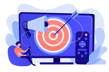 Businessman with remote control watching targeted TV ads. Addressable TV advertising, new advertising technology, targeting TV marketing concept. Pinkish coral bluevector isolated illustration