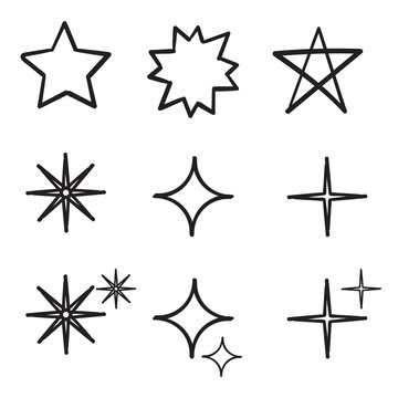 doodle Star icons. Twinkling stars. Sparkles, shining burst. Christmas vector symbols isolated hand drawn style