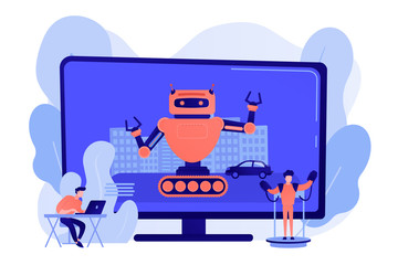 Movie VFX creation software. Real time motion capture program. Special effects design, visual effects production, post production service concept. Pinkish coral bluevector isolated illustration