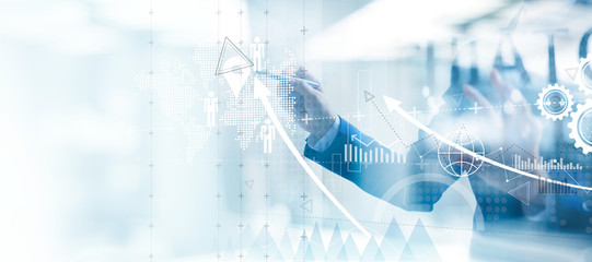 Analyzing sales data and customer network connection on virtual screen.