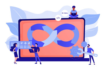 Programmers working on project. Website development methodology. Technical support. DevOps team, software development team, DevOps workflow concept. Pinkish coral bluevector isolated illustration - obrazy, fototapety, plakaty