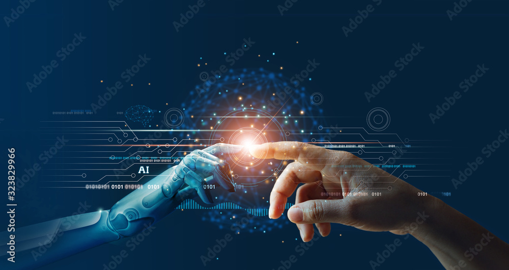 Poster AI, Machine learning, Hands of robot and human touching on big data network connection background, Science and artificial intelligence technology, innovation and futuristic.