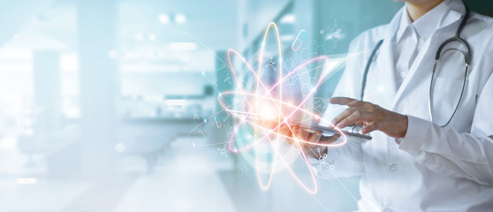 Health and medical science healthcare on virtual interface, Innovation and digital technology in future on hospital background.