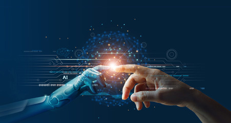 AI, Machine learning, Hands of robot and human touching on big data network connection background, Science and artificial intelligence technology, innovation and futuristic. - obrazy, fototapety, plakaty